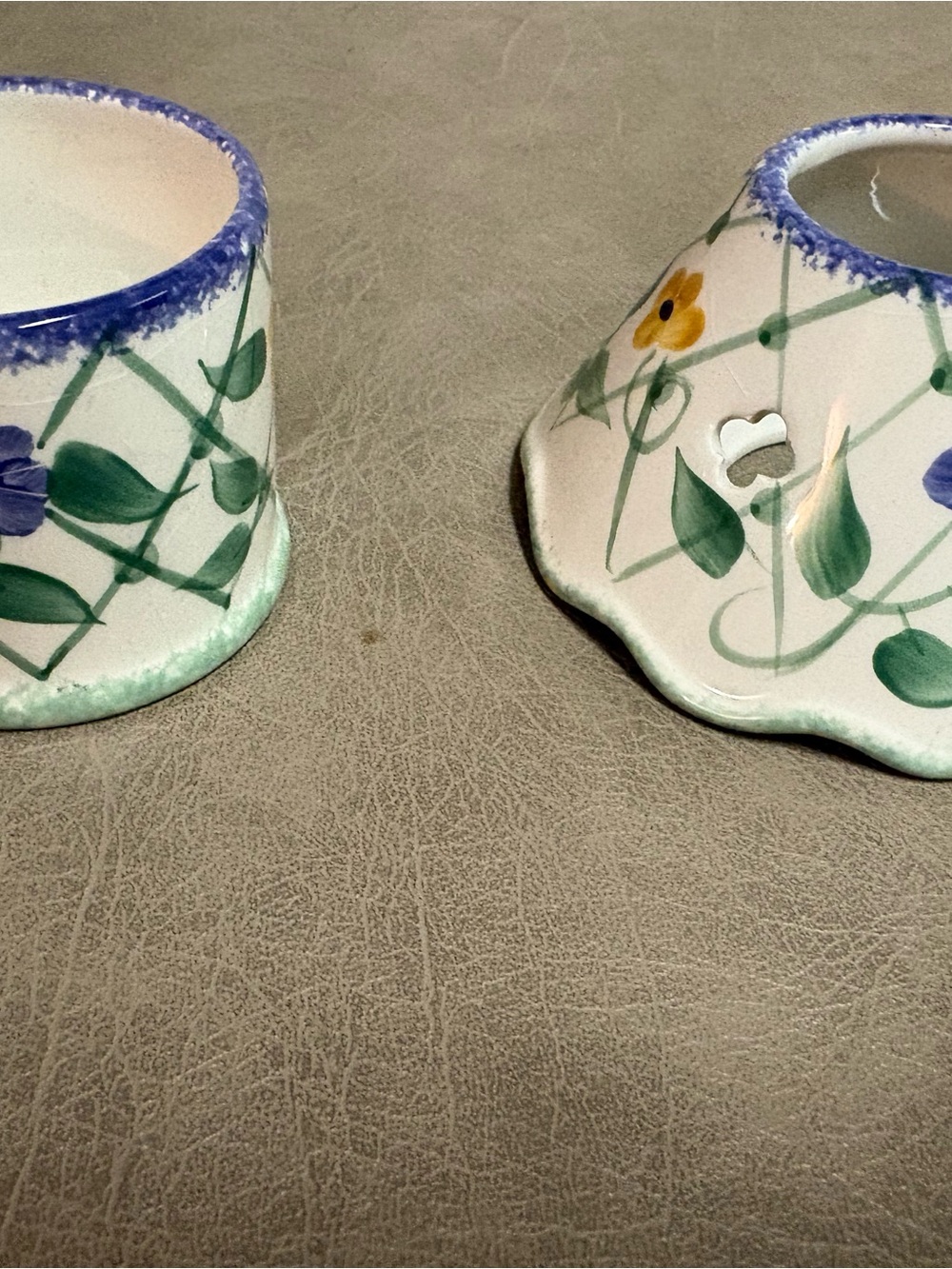 Hand-Painted Ceramic Votive Holders with Blue Trim and Green Leaves